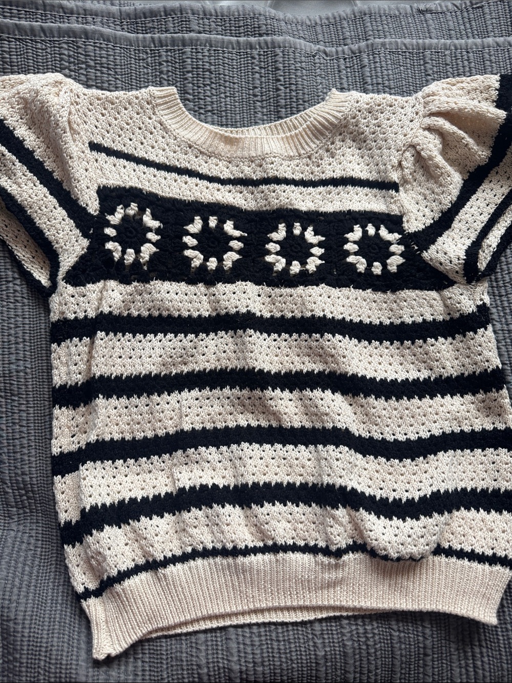 Cream and Black Striped Crochet Short-Sleeve Sweater